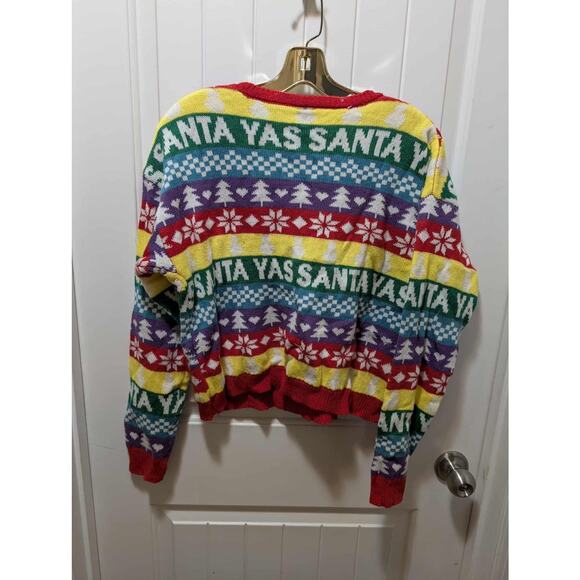 Joyland Christmas Yas Santa Sweater Rainbow Fair Isle Long Holiday Pullover Sz L - Picture 4 of 6